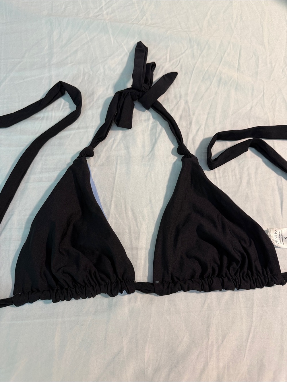 VENUS Black Triangle Halter Bikini Top with Light Blue Lining reversible S